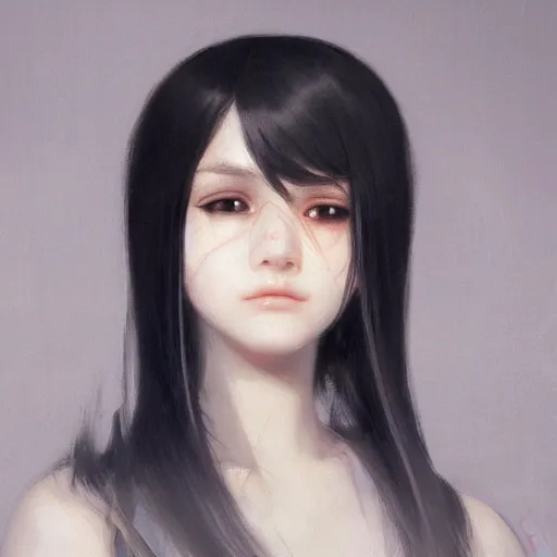 Image similar to a cute girl by ruan jia, closeup headshot, black horsetail hair, black eyes