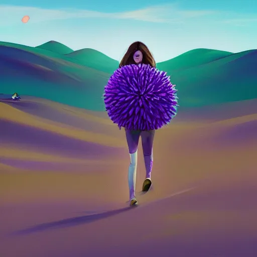 Image similar to portrait, giant purple dahlia flower head, girl walking between dunes, surreal photography, sunrise, blue sky, dramatic light, impressionist painting, digital painting, artstation, simon stalenhag