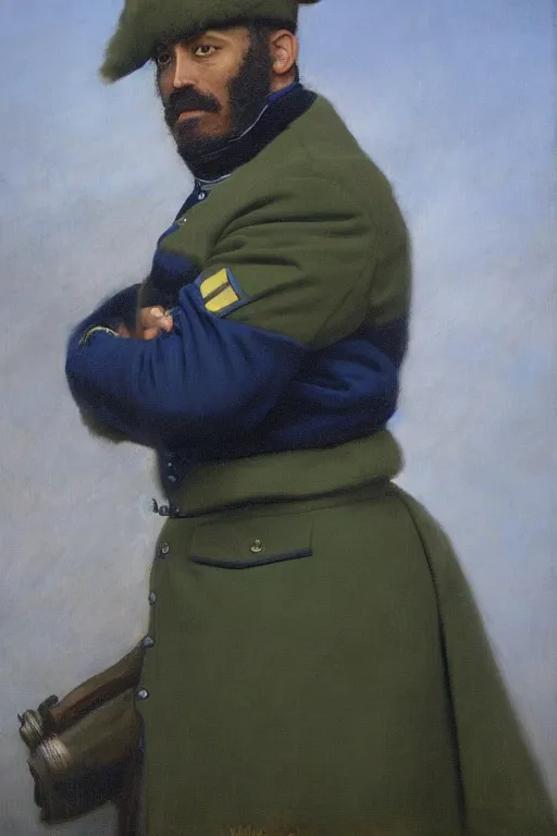 Prompt: battle portrait of the dictator of the minnesota timberwolves, 1 8 8 9, in full military garb, midnight blue, lake blue, aurora green, moonlight grey, oil on canvas by william sidney mount, trending on artstation
