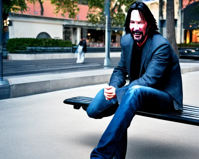 Image similar to 5 5 mm photo of happy keanu reeves in blue jeans and black jacket sitting on a bench in the street. dof. lifelike. ultra detailed. intricate. soft light. nikon d 8 5 0.