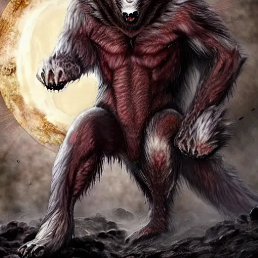 Prompt: half - human, half - wolf, gauru form uratha are generally 8 to 9 feet tall and much heavier and stronger than any human. in this form a werewolf's blood - rage rises to the surface and is much harder to control.