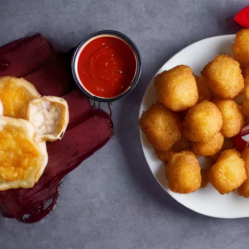 Image similar to food photo of channing tatum's face on top of giant tater tot on a plate with ketchup