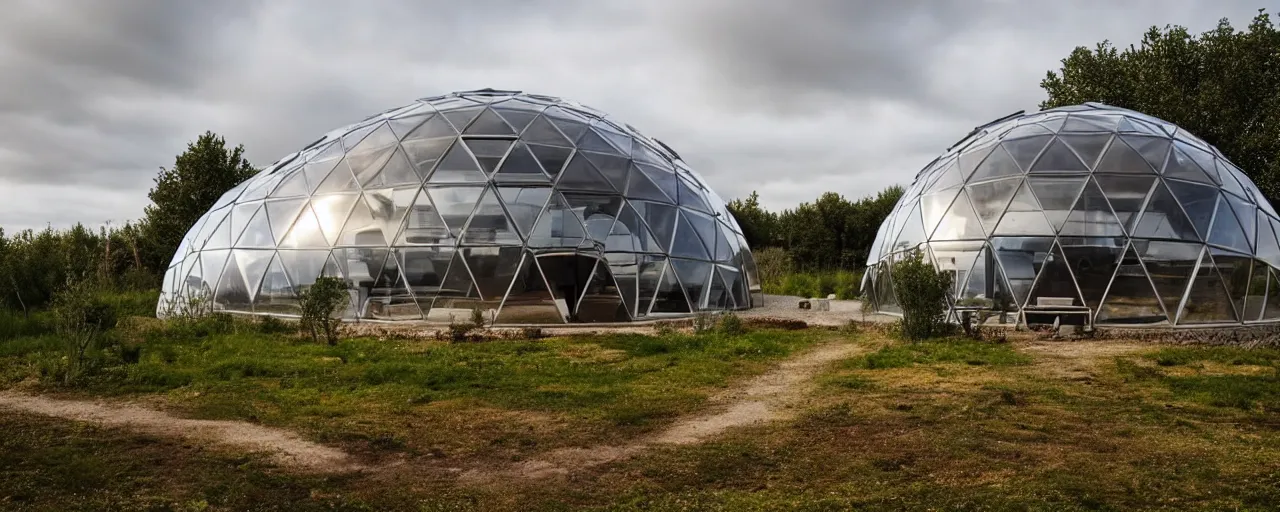 Image similar to dome house by kristoffer tejlgaard, concept house, earthship, greenhouse, optimus sun orientation, north hemisphere, spain, geodesic architecture, biodome, fuller