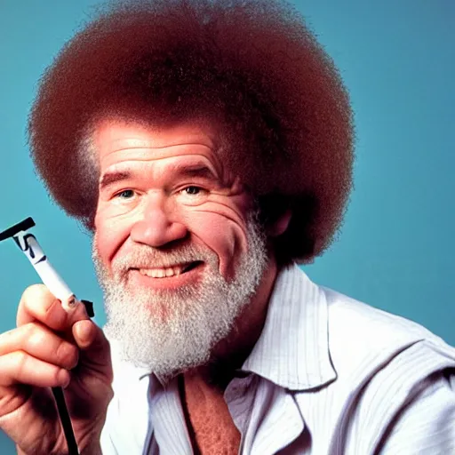 Prompt: portrait of bob ross holding a syringe and a spoon, photo