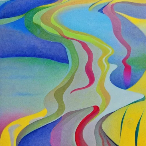 Prompt: she who watches the fast flowing river and gathers the colors, sounds and dreams of her community, abstract art in the style of geogia o keefe and cubsim,