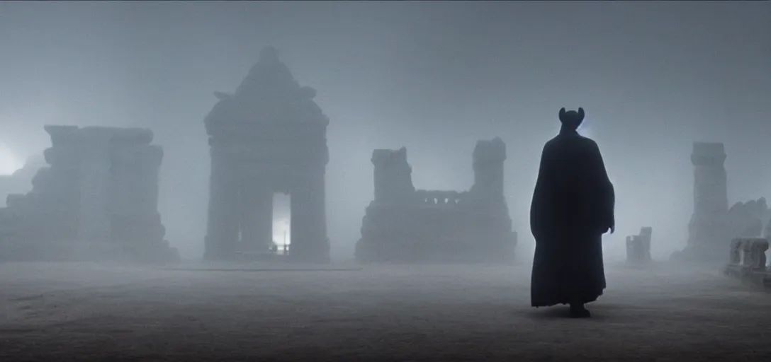 Image similar to prince of darkness as mickey mouse walking out from epic temple, foggy, cinematic shot, photo still from movie by denis villeneuve, wayne barlowe
