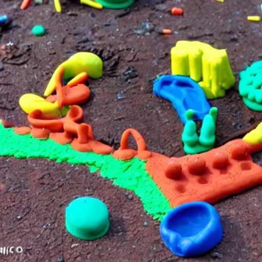 Image similar to A Play-Doh catastrophe, establishing shot, outdoors, carnage everywhere