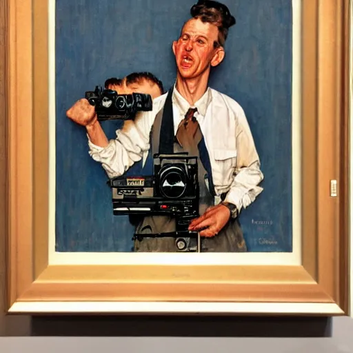 Image similar to norman rockwell painting of a man holding a large television - video - camera