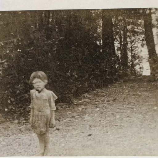 Image similar to old photo, child in the distance with hollow eyes