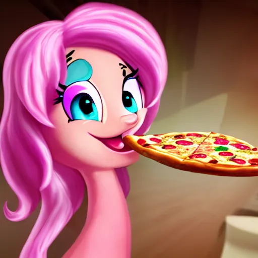 Image similar to pinky pie eating pizza, unreal engine