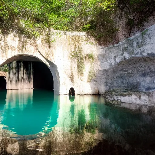 Prompt: perfectly smooth geometric fiberglass door cut into a cave wall, cenotes water, reflections