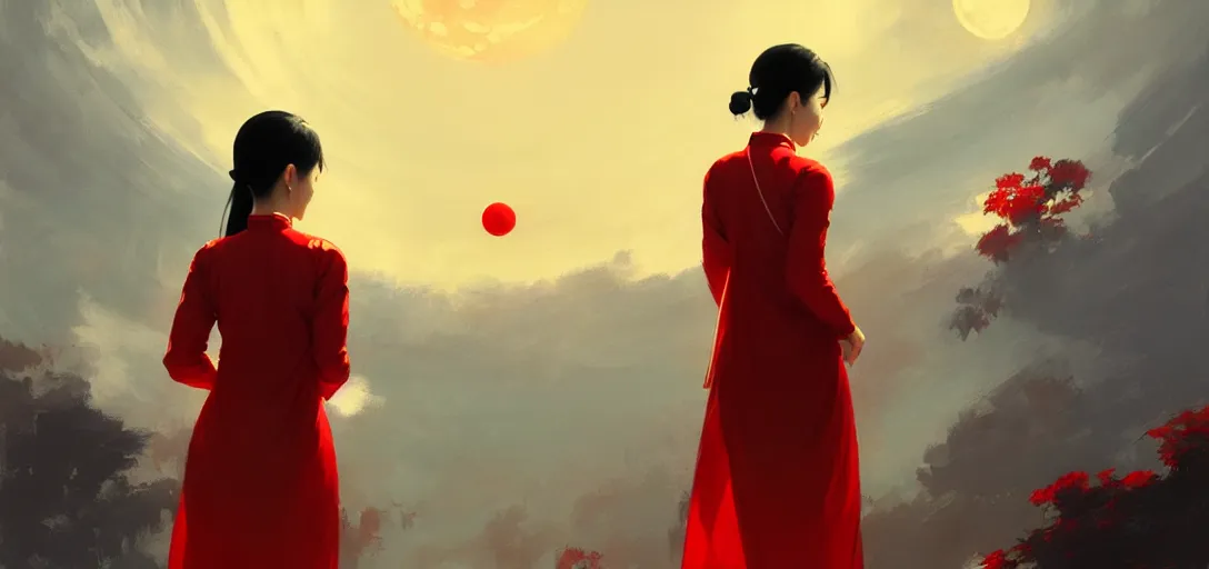 Prompt: vietnamese female with white cloth mask wearing traditional red ao dai, full moon on the sky, digital illustration by ruan jia, a ultra detailed beautiful panting by ilya kuvshinov, greg rutkowski and makoto shinkai, trending on artstation