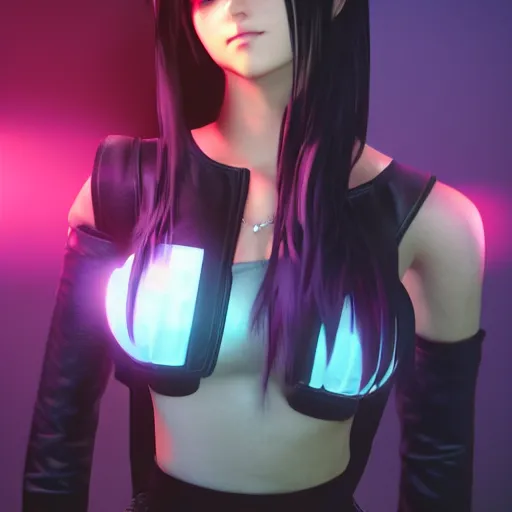 Image similar to tifa lockhart synthwave style volumetric lighting