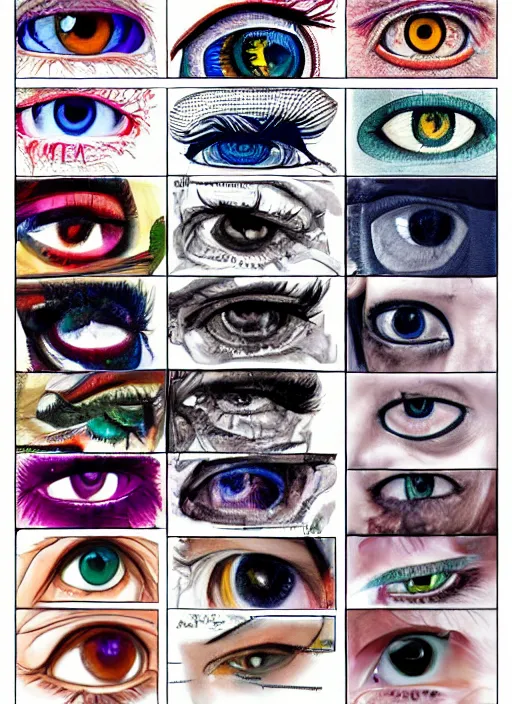 Image similar to diverse eyes!, life, hybrids, thin details, reflections, vitals visualiser!!, advanced art, art styles mix, from wikipedia, grid of styles