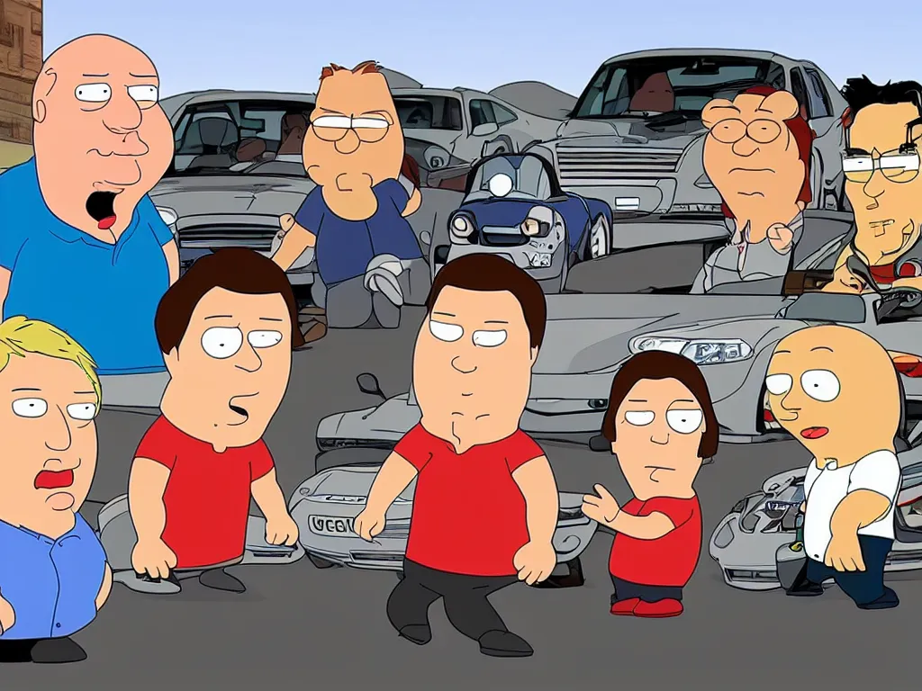 Image similar to bbc - show top gear shown in family guy style, 3 men in fast cars