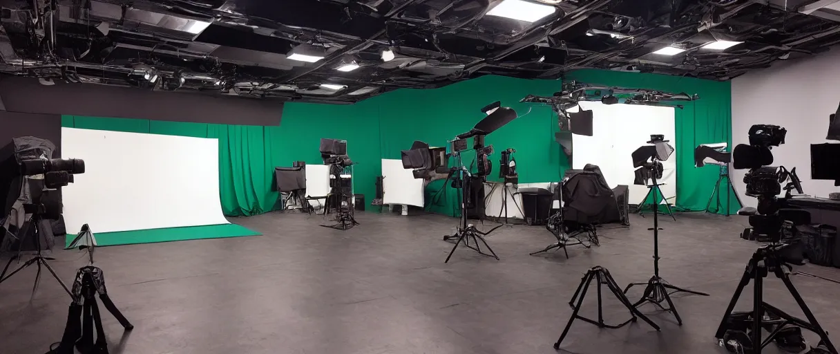 Prompt: photo of a movie set, green screen in the back, 4 cameras in the front, studio, movie set, realistic, studio lighting