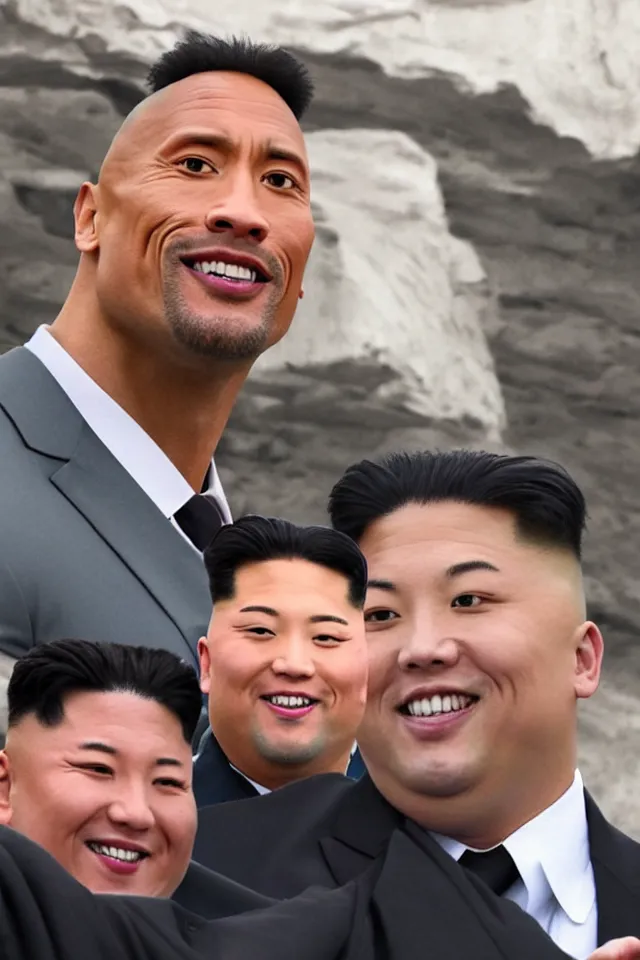 Image similar to selfie of dwayne the rock johnson and kim jong - un, pyongyang, 8 k resolution