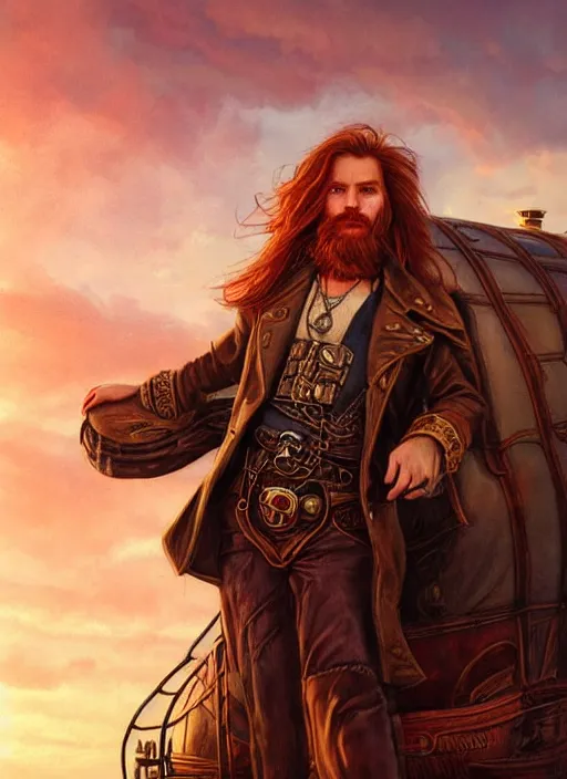 Prompt: portrait painting of a handsome face rugged long hair crimson hair male captain simple clothing top half portrait soft hair steampunk ornate mechanical zeppelin airship in the background sky sunset golden hour fantasy rugged book cover art atmospheric lighting art by mullins rutkowski bussiere