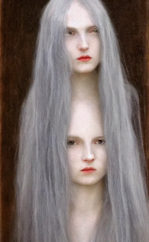 Image similar to say who is this with silver hair so pale and wan! and thin!? female angel, wearing long silver hair flowing hair, pale fair skin, you g face, silver hair, covered!!, clothed!! lucien levy - dhurmer, fernand keller, oil on canvas, 1 8 9 6, 4 k resolution, aesthetic!, mystery