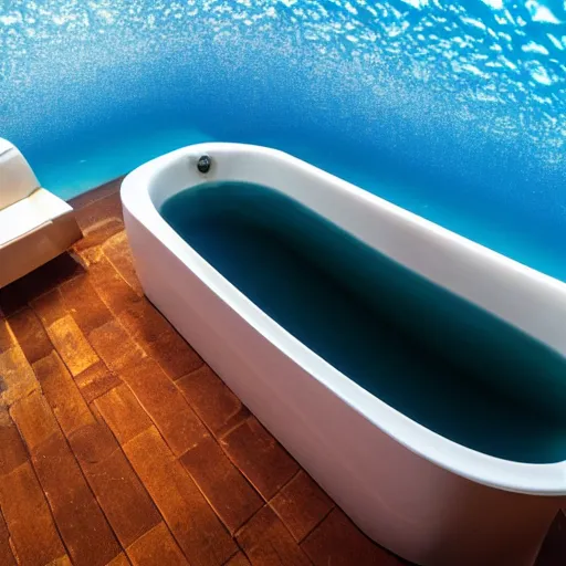 Prompt: photo of a bathtub with the surface of water visible in it. the whole scene is underwater