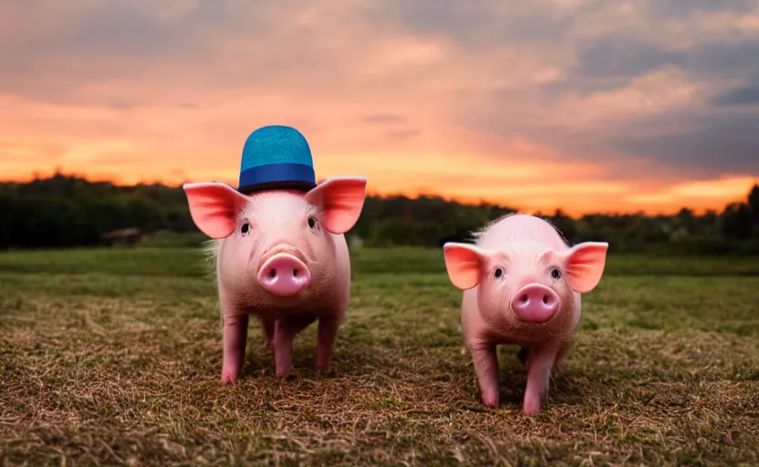 Prompt: a cute pig wearing a straw hat at blue hour, twilight, cool, award winning 4 k photo, twilight cool light