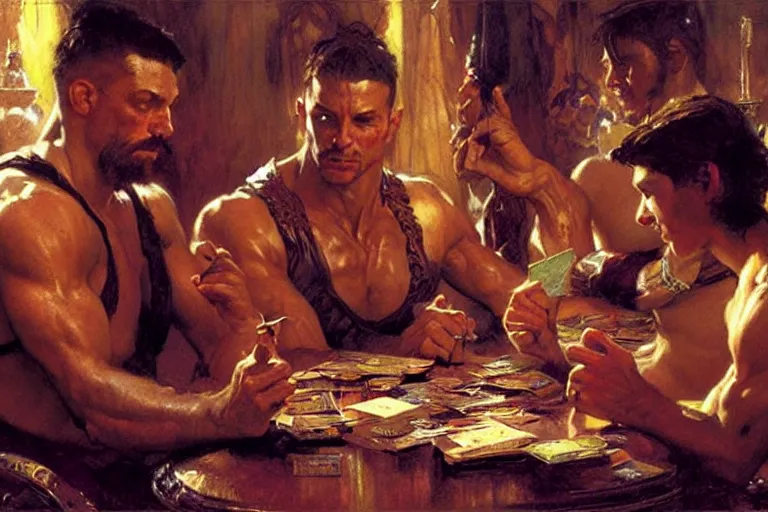 Image similar to muscular attractive wizards playing magic in bar, painting by gaston bussiere, craig mullins, greg rutkowski, alphonse mucha