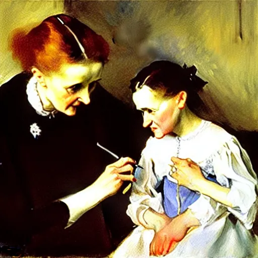 Prompt: marie curie getting vaccinated, painting by john singer sargent, oil on canvas