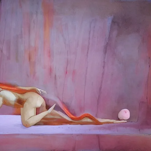 Prompt: liminal space uneven by pete turner. a beautiful experimental art. in the dream, she is easting a peach, on venus. the flesh is sweet & juicy, slightly bitter. it mingles with sydan's taste in a delicious way.