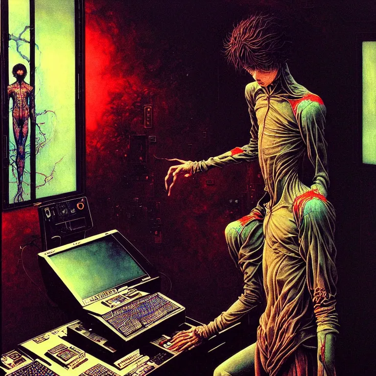 Image similar to a figure of a boy in front of a pc computer monitor in an old soviet apartment by ayami kojima, amano, karol bak, neo - gothic, gothic, rich deep colors. beksinski painting, from a movie by david cronenberg. art by takato yamamoto. masterpiece. realistic detailed image