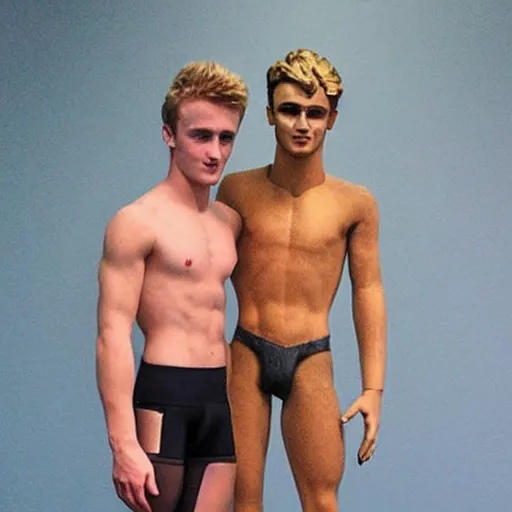 Image similar to “a realistic detailed photo of a guy who is an attractive humanoid who is half robot and half humanoid, who is a male android, British diver Jack Laugher & Chris Mears, shiny skin, posing like a statue, blank stare, at the museum, on display”