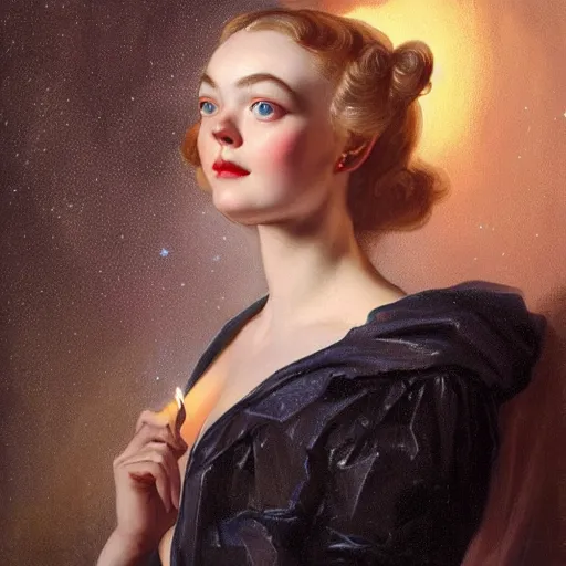 Prompt: leyendecker and peter paul rubens, head and shoulders portrait of a elle fanning, nighttime, dark starry sky, candlelit, unreal engine, fantasy art by global illumination, radiant light, detailed and intricate environment