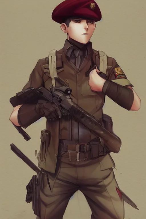 Prompt: beautiful portrait commission military clothes maroon beret. Atmospheric. Character design by charlie bowater, ross tran, artgerm, and makoto shinkai, detailed, inked, western comic book art. male anthro!!! fruit bat