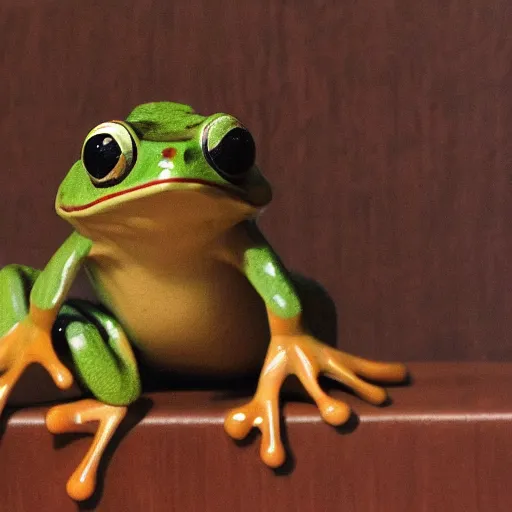 Prompt: a small frog standing on two feet at the hotel reception entry, renaissance painting