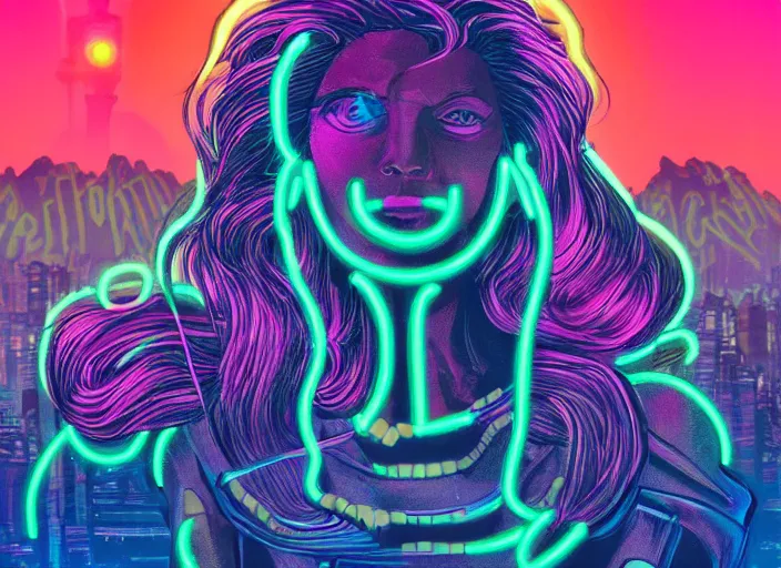 Prompt: neon-medusa standing before synthwave-neon-city, bio-synthwave mountains