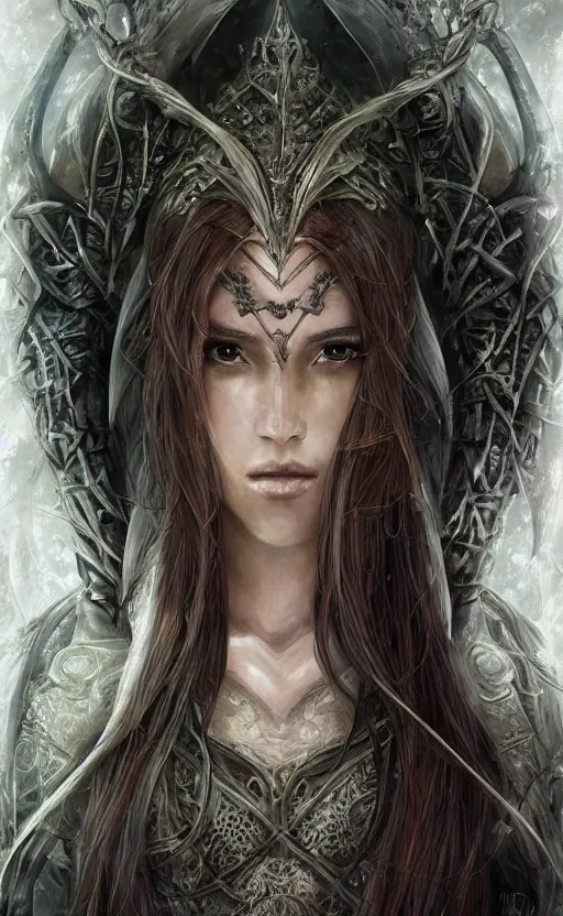 Image similar to a professional portrait of a beautiful young female, clothed in ethereal battle armor, olive skin, long dark hair, beautiful bone structure, symmetrical facial features, deep forest psytrance Neo-Gothic concept, infinity glyph waves, intricate artwork masterpiece, very coherent artwork, cinematic, full frontal facial features by Artgerm, Takato Yamamoto, Zdizslaw Beksinski, Johnatan Wayshak, Moebius, Ayami Kojima, very coherent artwork, trending on cgsociety, ultra high quality model, production quality cinema model, high detail chromatic ink outline, octane render, unreal engine 8k, hyper realism, high detail, octane render, unreal engine, 8k, High contrast