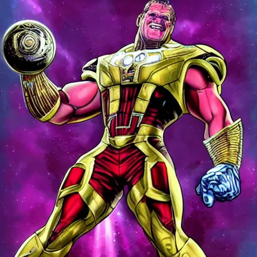 Image similar to nick saban as thanos with the gauntlet and infinity stones, championship rings, alabama, crimson tide, portrait, high detail