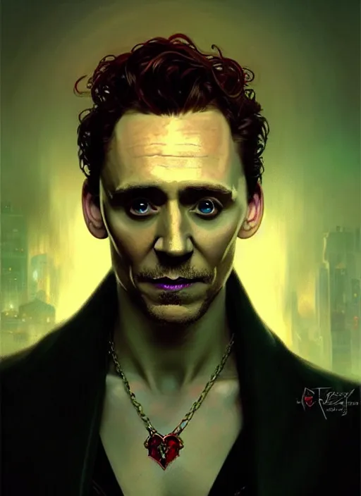 Image similar to portrait of tom hiddleston as a vampire lord, crimson peek, jewelry, greek, emerald, intricate, headshot, highly detailed, digital painting, artstation, concept art, sharp focus, cinematic lighting, illustration, art by artgerm and greg rutkowski, alphonse mucha, cgsociety