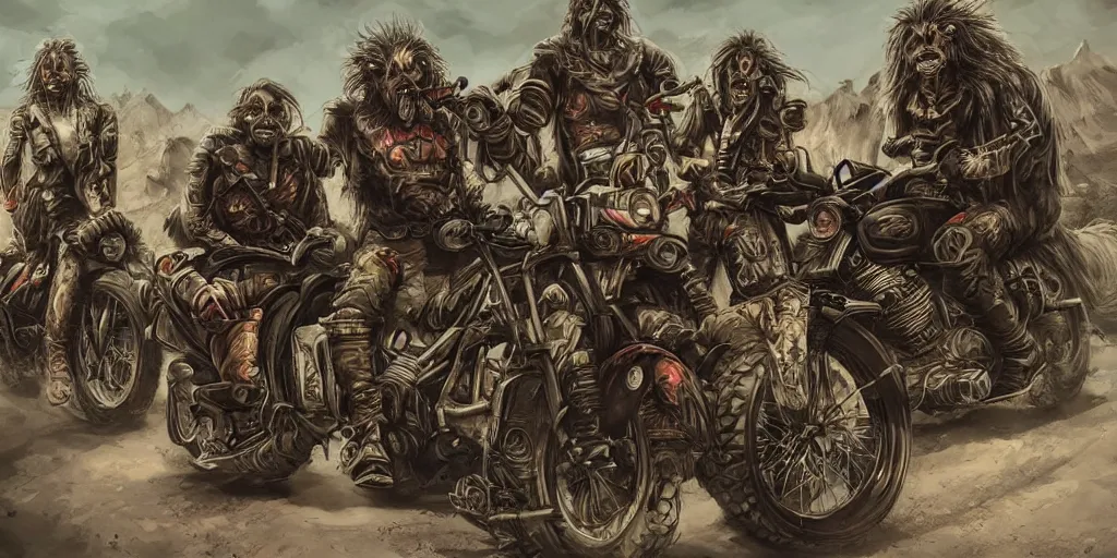 Prompt: psychedelic post-apocalyptic orcish motorcycle gang, featured on artstation