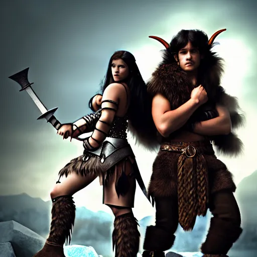 Image similar to a male DND barbarian wearing leather armor and fur holding a small blue-skinned Triton girl with black hair, high resolution film still, 4k, HDR colors