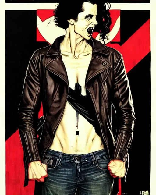 Image similar to Rafael Albuquerque comic cover art, Norman Rockwell, Joshua Middleton, pretty Eva Green vampire, sharp vampire teeth, sarcastic smile, symmetrical eyes, symmetrical face, brown leather jacket, jeans, long black hair, full body, building on fire, cool colors