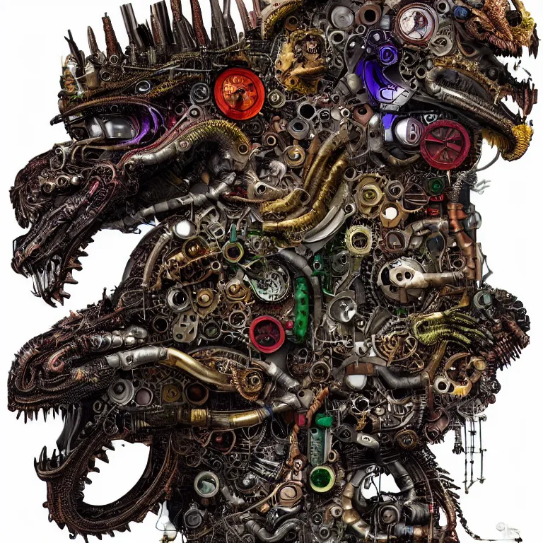 Image similar to profile portrait of a dragon, computer parts, mechanical parts, by giuseppe arcimboldo, steampunk, cyberpunk, futuristic, psychedelic, surreal, sci - fi, vaporwave, alien, dreamlike.