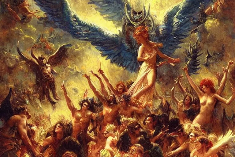 Prompt: lucifer rallying rebel angels in heaven. art by gaston bussiere.