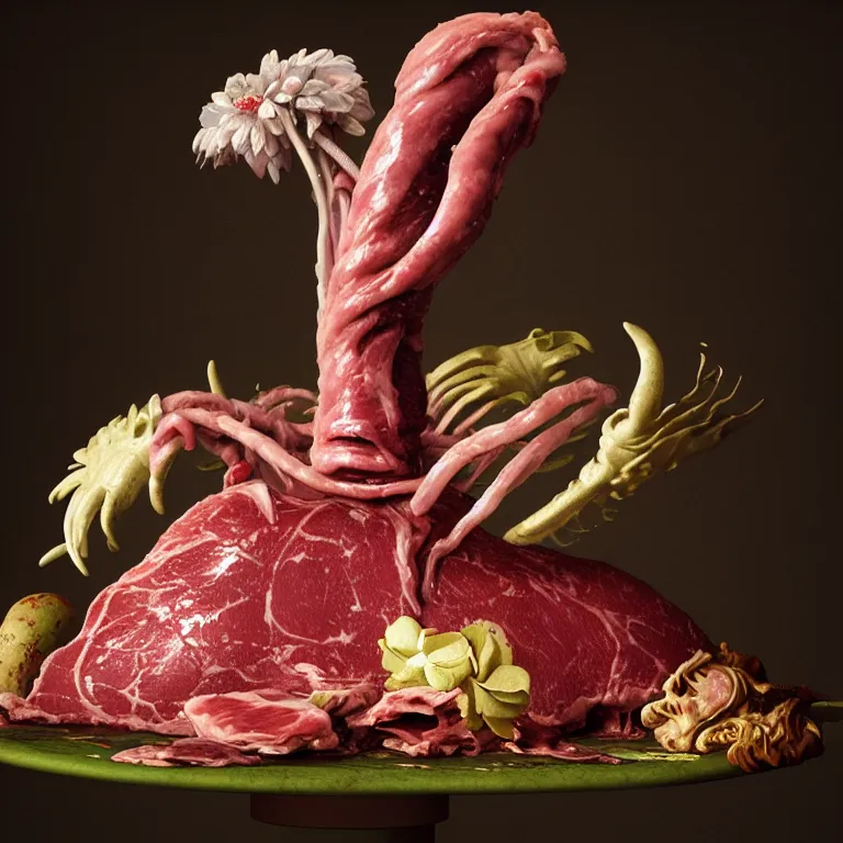 Prompt: still life of rotten meat flesh, white xenomorph, beautiful pastel tropical flowers, metallic human spine, colorful mold, baroque painting, beautiful detailed intricate insanely detailed octane render, 8K artistic photography, photorealistic, chiaroscuro, Raphael, Caravaggio