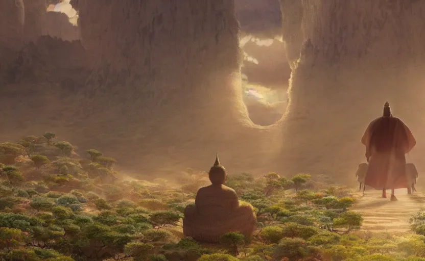 Image similar to a movie still from a studio ghibli movie showing a highly detailed landscape with a giant living buddha walking a valley in the desert. misty, depth perception, 4 k