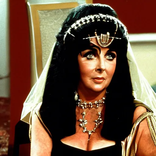 Prompt: elizabeth taylor as cleopatra in the dunder mifflin office, realistic photograph