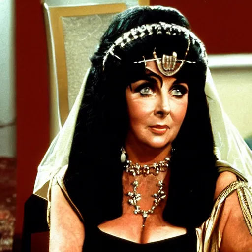 Image similar to elizabeth taylor as cleopatra in the dunder mifflin office, realistic photograph