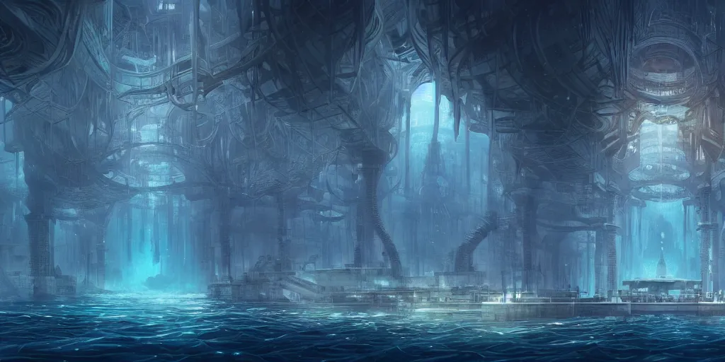 Prompt: underwater city, style epic, symmetrical, insanely detailed, style of charlie bowater, kelly mckernan, unreal engine render, artstation trend, hyper detail, epic art style, cinematic, concept art