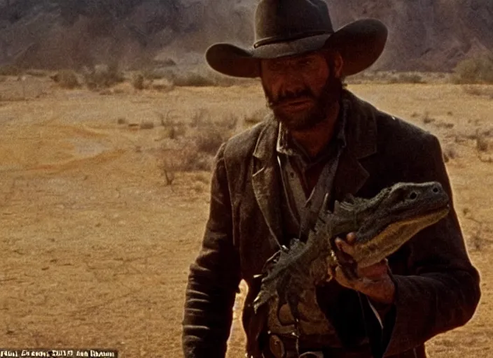 Prompt: a velociraptor gunslinger in a wild west town, still from a movie, 3 5 mm film, grainy, evocative, atmospheric lighting, intricate, highly detailed, sharp focus, cinematic, masterpiece, taken by sergio leone and john ford