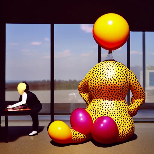 Prompt: yayoi kusama locked in an infiniti room cosplay jeff koons ballon dog, nendroid, art by wgreg rutkowski. during golden hour. extremely reflective.