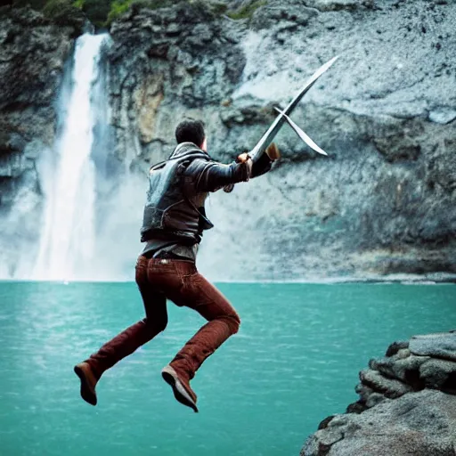 Prompt: man with sword jump of the cliff in front of the waterfall, dragons flying around, anime, realistic shot, nature, animal planet, superhero